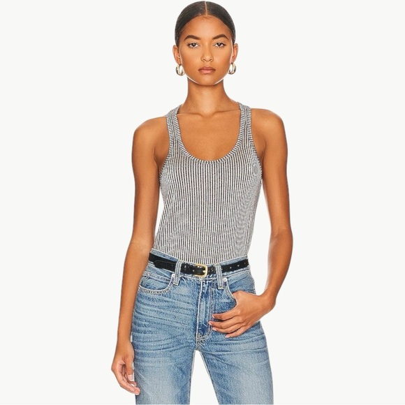 NWT Anine Bing Kristen Asymmetrical Ribbed Stretch Tank | Sz Medium | Black/Grey - Picture 1 of 12